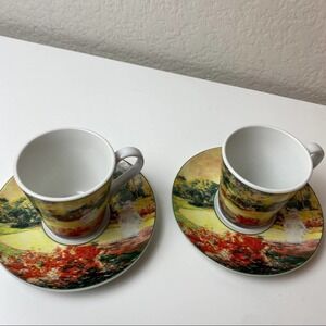 Set Of Two German Demitasse Porcelain China  Cup & Saucer Beautiful Nature Scene